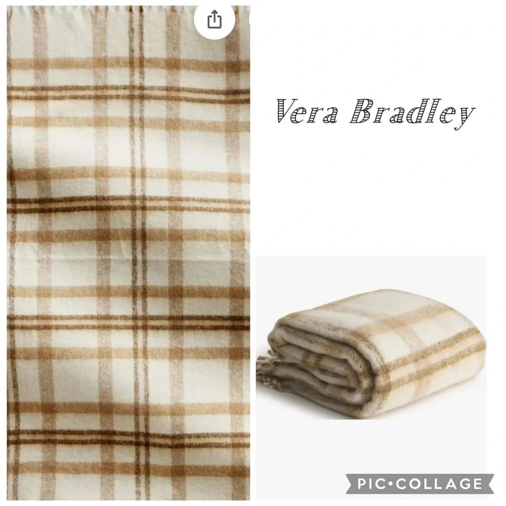 Vera Bradley NWT Wool Blend Woven Throw Blanket Cream Gold Plaid 50x70